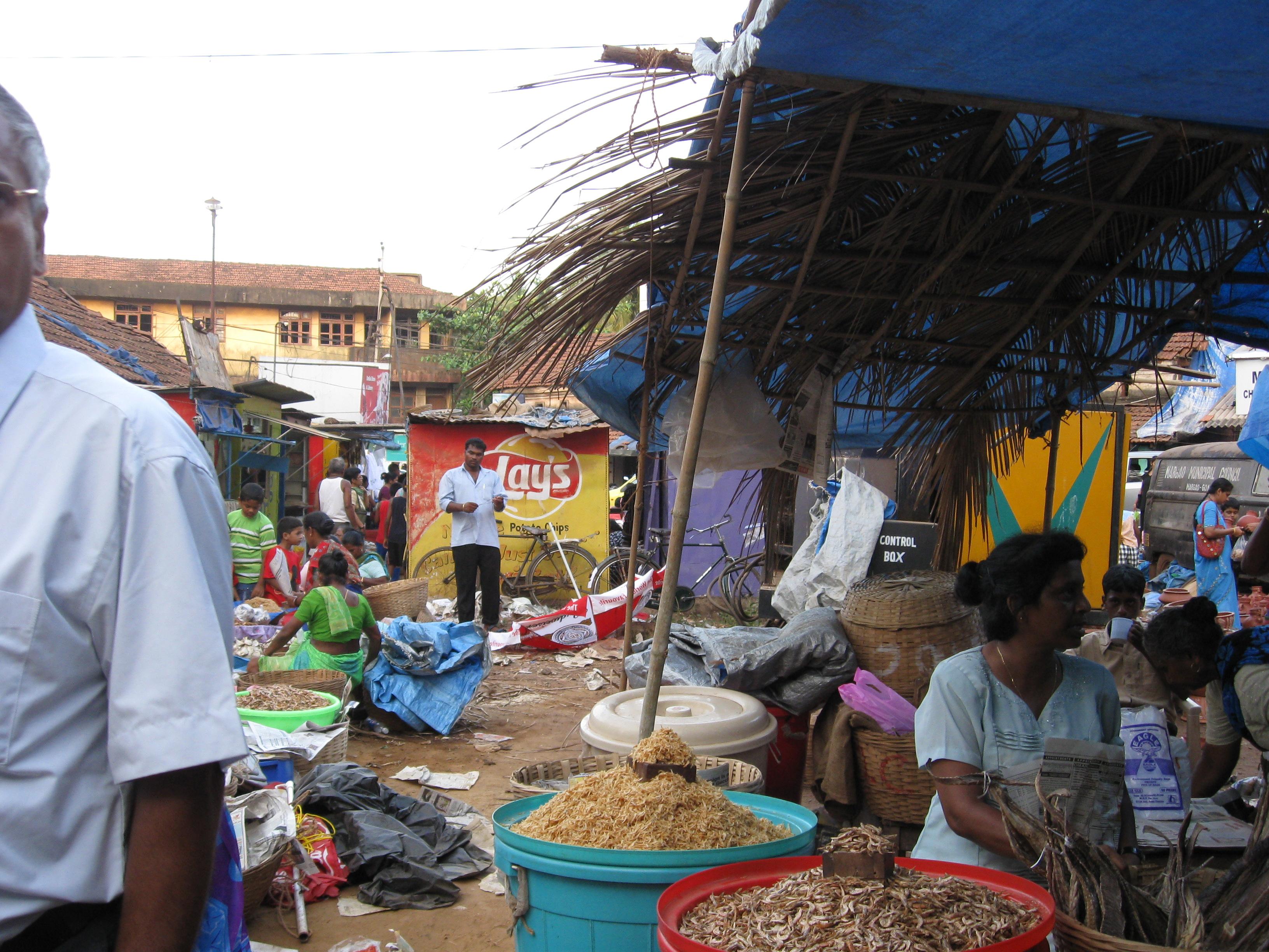 Vendors and stalls at Margao's municipal market, Goa